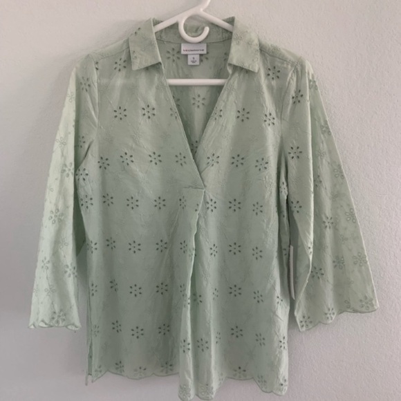 Liz Claiborne Eyelet Cotton Collared Blouse Seafoam Green Women’s Tunic - Picture 2 of 10